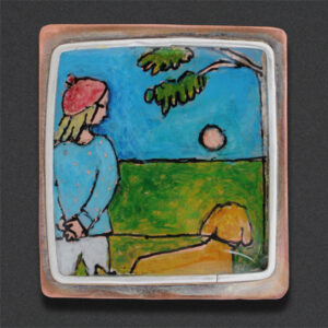 Image of Pin 1, copper, gold filled bezel, color pencil, color pen, resin