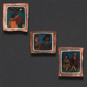 Image of three pins in copper, gold-filled bezel, color pencil, color pen, resin