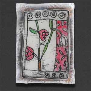 Image of pin 6: sterling silver, impressed polymer clay, acrylic paint, resin overlay